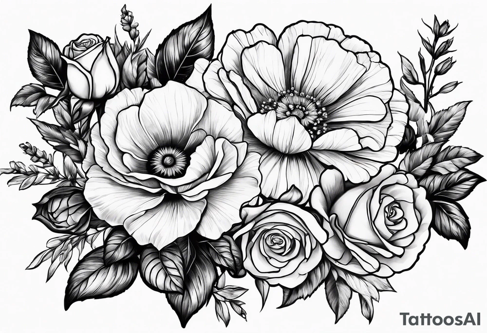 stem of roses, larkspur, carnation, and daisy tattoo idea
