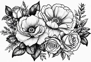 stem of roses, larkspur, carnation, and daisy tattoo idea