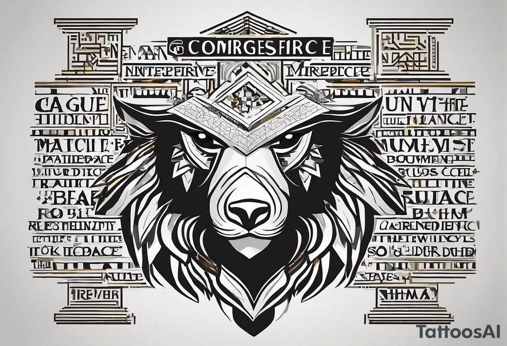 Words: Courage, determination, patience, focus, resilience. Image: Geometric eagle face, bull and bear faces divided by the financial market dump and pump. Graphics, symbols of intelligence interconnected with books and studies that represent the search for knowledge as a person guided by humanity and human philosophy. Image for the right arm and right forearm. Use geometric shapes and lines to connect images. all imagens unity tattoo idea