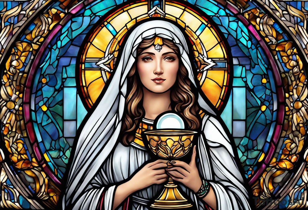 holy saint woman with halo stained glass holding a chalice tattoo idea