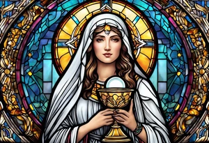holy saint woman with halo stained glass holding a chalice tattoo idea