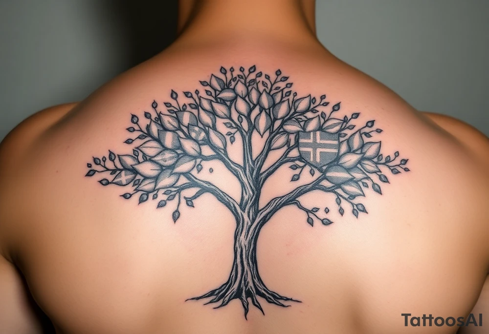 Tree with leaves that are country flags from Prussia,  Ireland, wales, scotland, England, and catawba tribe tattoo idea