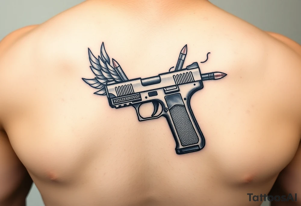 9mm gun with Egyptian detail on handle gun surrounded by flames and two bullets shooting out of gun tattoo idea