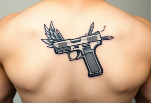 9mm gun with Egyptian detail on handle gun surrounded by flames and two bullets shooting out of gun tattoo idea