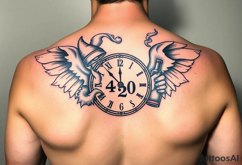 a jester clown floating in smoke with a  clock, the time says 420,  with two open wings besides the clock, smoke as the spring rising from the clock, a jester clown coming out the smoke, smoking in one hand with a liquor bottle on the other hand tattoo idea