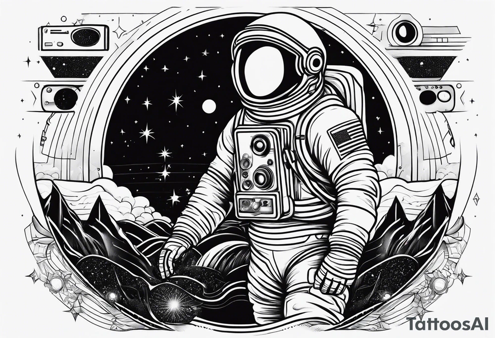 Fine line astronaut with radio dancing in the moonlight tattoo idea