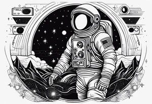 Fine line astronaut with radio dancing in the moonlight tattoo idea