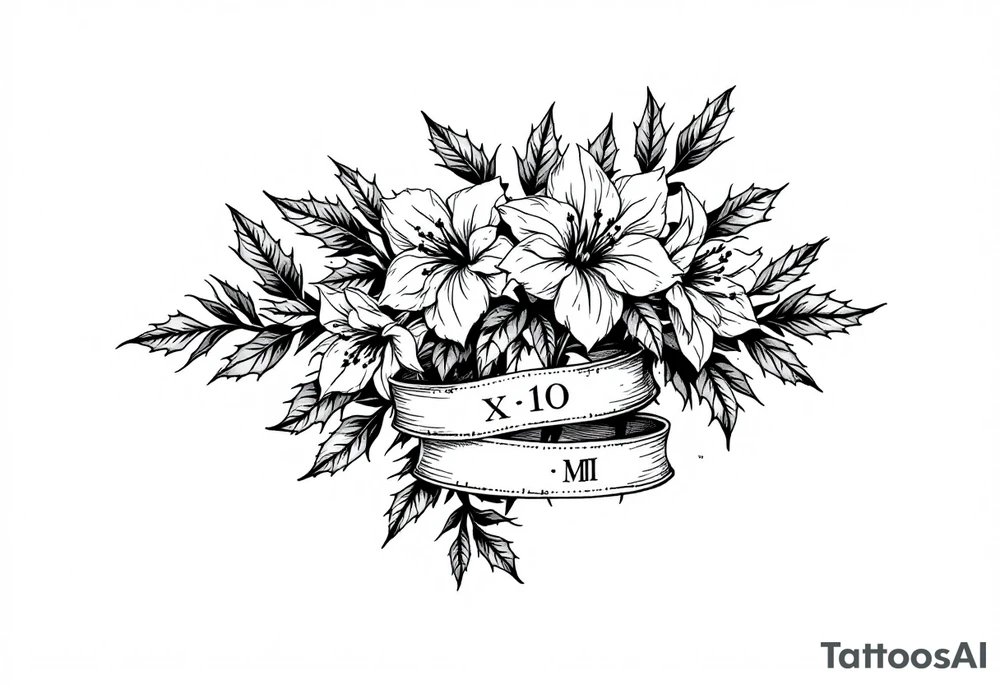 narcissus flowers and holly with 2 bands with roman numerals around them tattoo idea