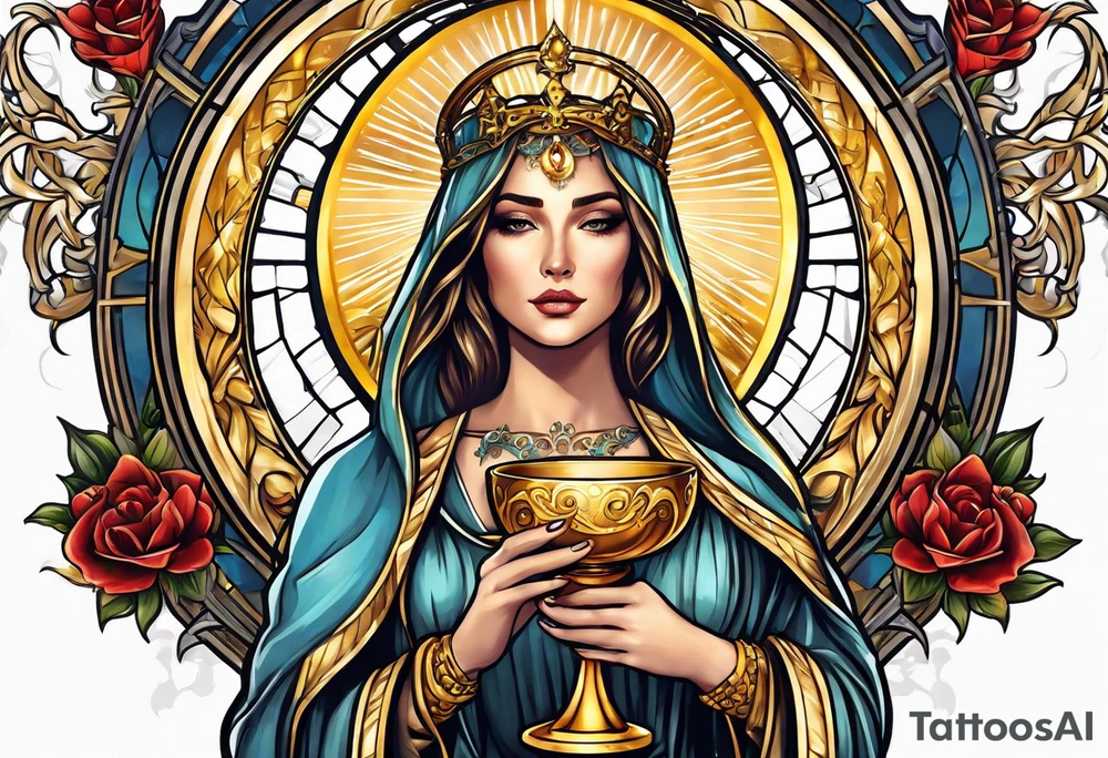 woman saint holding chalice surrounded by golden halo tattoo idea