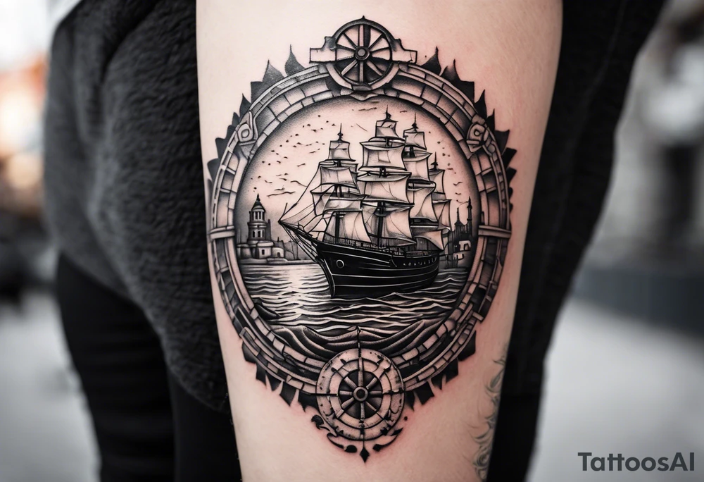 This tattoo depicts the city of Odesa. The main symbols of this city are a ship's wheel, a lighthouse, the Potemkin Stairs, and the sea. The placement of the tattoo is on the front of the thigh. tattoo idea