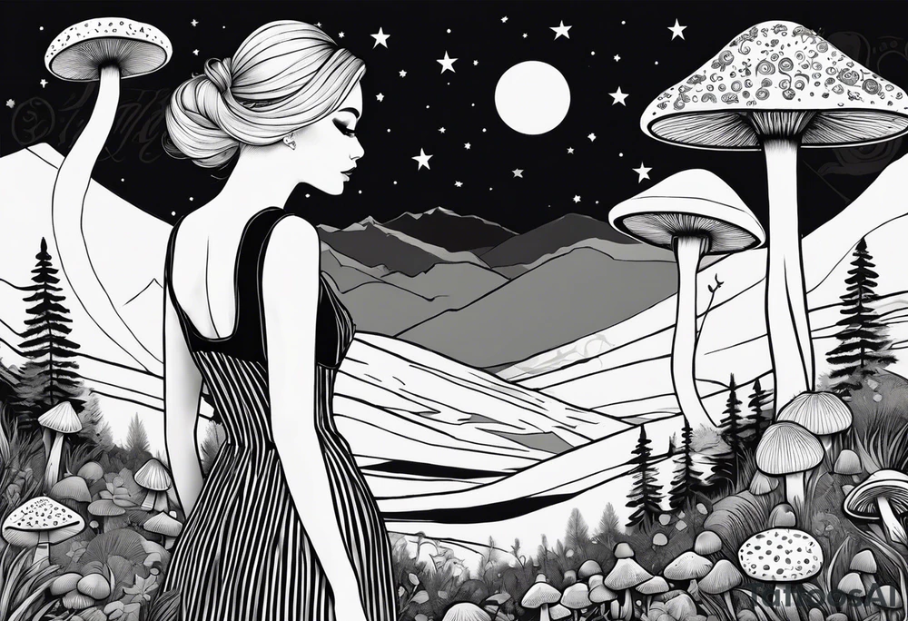 Straight blonde hair girl facing away toward mountains surrounded by mushrooms crescent moon circular design black and white striped dress tattoo idea
