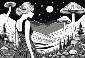 Straight blonde hair girl facing away toward mountains surrounded by mushrooms crescent moon circular design black and white striped dress tattoo idea