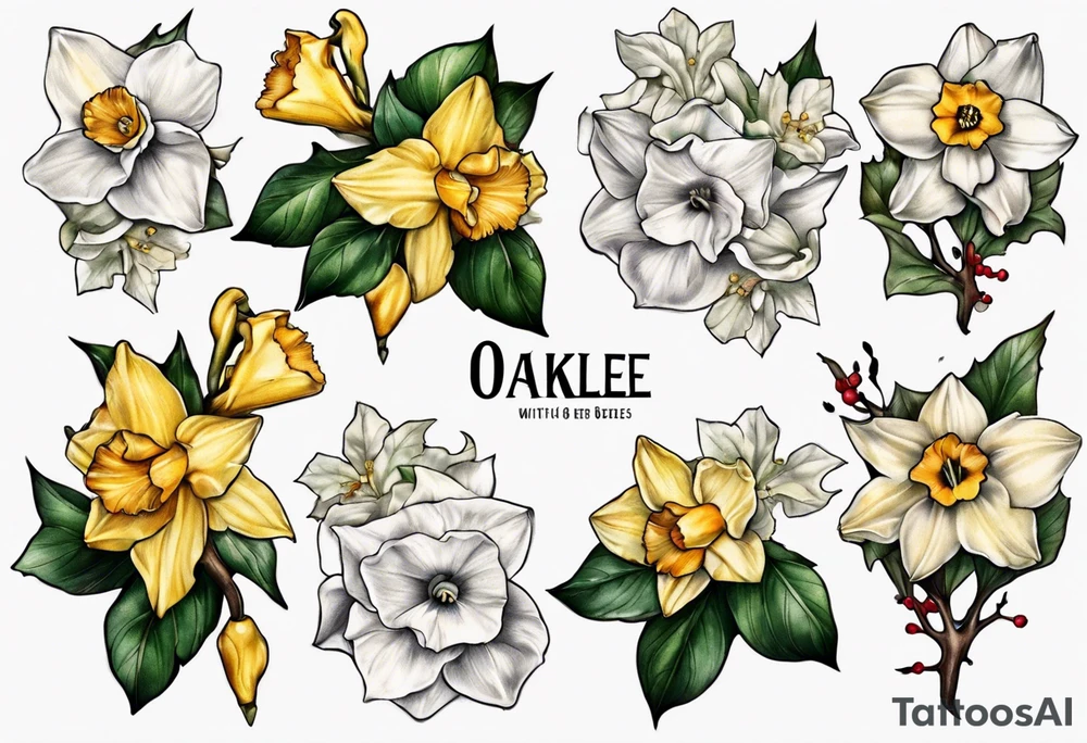 Name OAKLEE with Narcissus and holly flowers tattoo idea