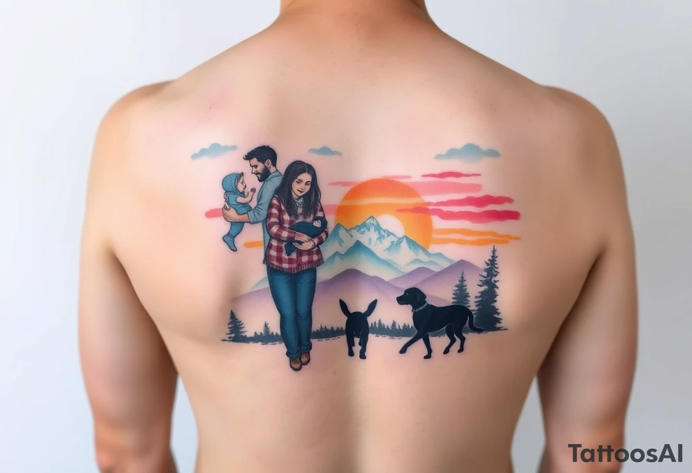 Family 2 parents, 1 baby boy in his mother’s arms, one 3-year girl holding the hand of the father and the mother and one black dog walking through the the sunset and mountains tattoo idea