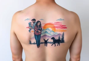 Family 2 parents, 1 baby boy in his mother’s arms, one 3-year girl holding the hand of the father and the mother and one black dog walking through the the sunset and mountains tattoo idea