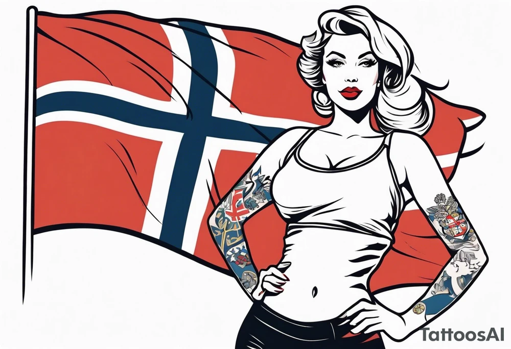 Pinup girl holding a Norwegian flag tattoo idea