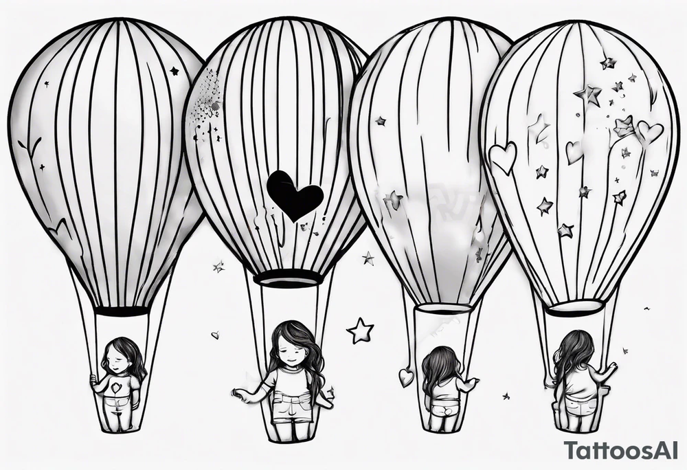 Hot water balloon with star and heart balloons and little girl inside the balloon dreaming tattoo idea