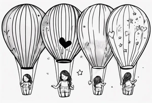 Hot water balloon with star and heart balloons and little girl inside the balloon dreaming tattoo idea