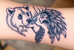 Indigenous, Majestic, and Powerful male Goliath Grizzly Bear and an Indigenous, Majestic, and Powerful King Elk guarding an Indigenous, Majestic, and Powerful Raven haired Warrior Squaw tattoo idea