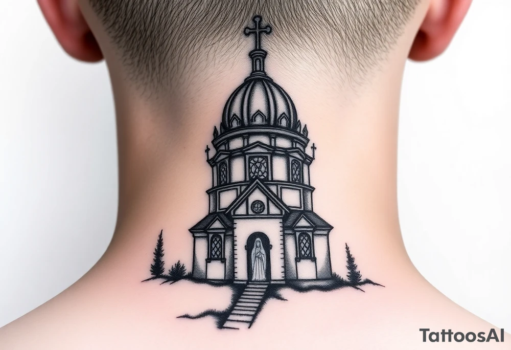 medium sized russian orthodox dome church with a visible virgin mary in a russian lakes country setting tattoo idea