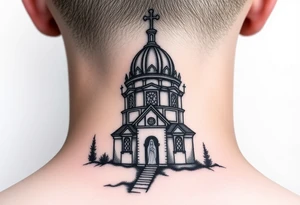 medium sized russian orthodox dome church with a visible virgin mary in a russian lakes country setting tattoo idea