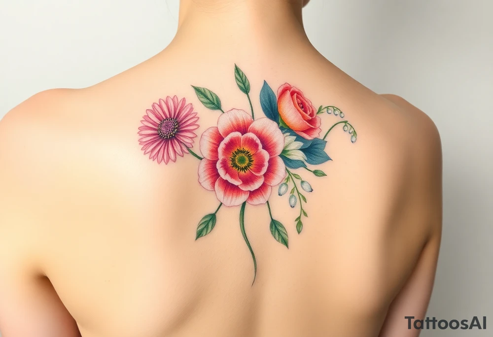 Small Bouquet of flowers starting upper middle back with stems down spine with a aster, carnation, rose, Lily of the valley, larkspur with stems Starting upper middle back to right shoulder tattoo idea