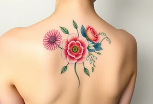 Small Bouquet of flowers starting upper middle back with stems down spine with a aster, carnation, rose, Lily of the valley, larkspur with stems Starting upper middle back to right shoulder tattoo idea