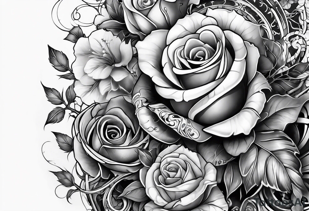 biomechanical sleeve with vines and roses tattoo idea
