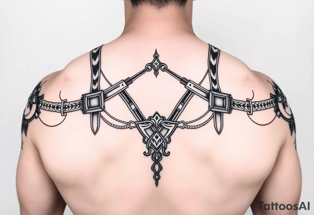 i want a tattoo that goes from the front to the back and and is similar to a harness. with connecting from my pecs to the back and also to my arms so they would be like the straps. i want to see the front and the back. i want it to be styled (the straps) like asian samoan type of pattern tattoo idea