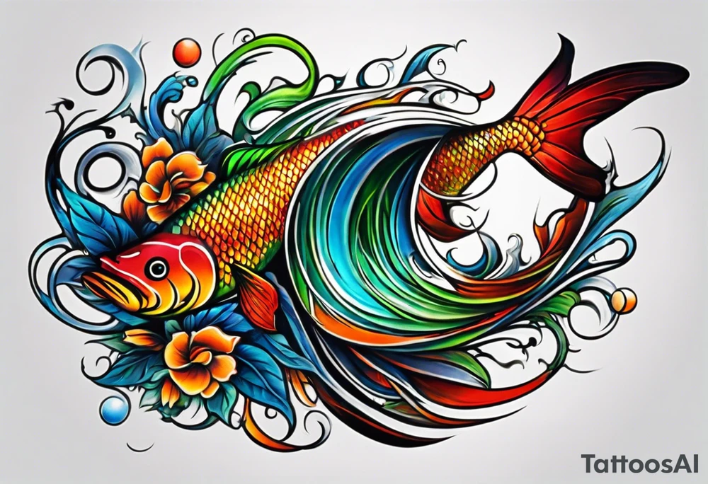 wide swirl of red, blue, orange, green with fish hooks tattoo idea