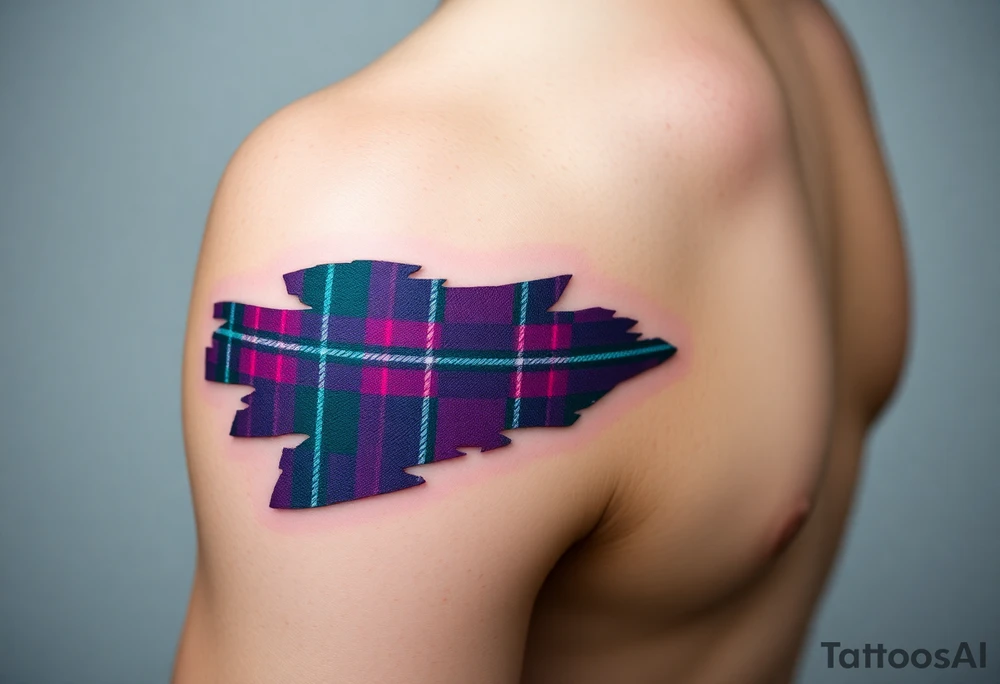 Side of arm Dark Purple with green pink blue and white highlights tartan fabric with skin peeling away at edges tattoo idea