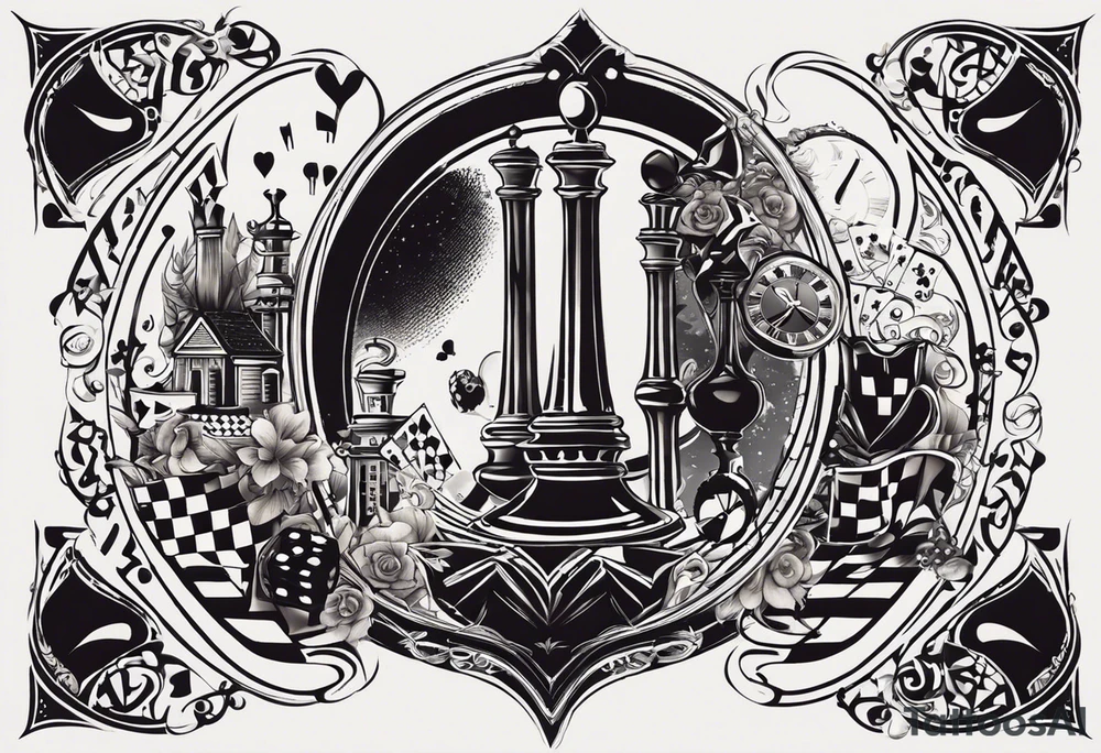 A black-and-white tattoo design representing the idea that life is a game. Incorporate elements like a chessboard or playing cards to symbolize strategy and chance, with pieces or cards scattered to suggest unpredictability. Add a subtle hourglass or clock to represent time running out, blending into the game theme. Use surreal, abstract shapes or geometric patterns to suggest a maze-like journey or a complex path. The overall tone should be slightly playful but with a hint of philosophical depth, using shading and contrast to give it a dramatic, bold look tattoo idea