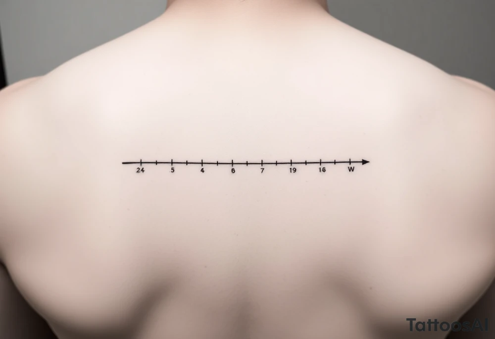 A minimal fine-line tattoo showing a straight, thin horizontal timeline with two small evenly spaced dots. Below the first dot, write the coordinates: "24°10′N, 20°16′E". Below the second dot, write: "53.4084°N, 2.9916°W". Above each coordinate, place a small circle or marker dot to signify key points. Beneath the entire timeline, add a single row of visual Morse code symbols using only dots (●) and dashes (—), arranged like this: — ● — ●   ● —   ● — ●   — — —   ● — ● ●   ● ●   — ● ●   ● — tattoo idea