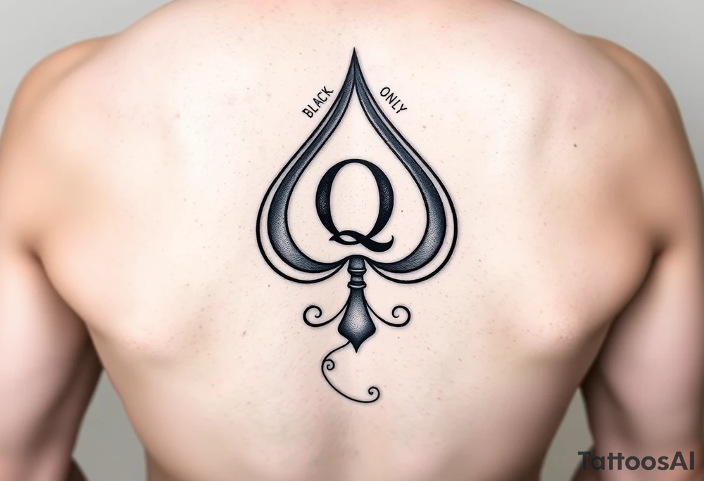 A spade womb tattoo with a Q in the center, with three points around the outside. The first reading, "BLACK". The second reading, "SEED". The third reading, "ONLY". A winding tail at the bottom of the spade. tattoo idea