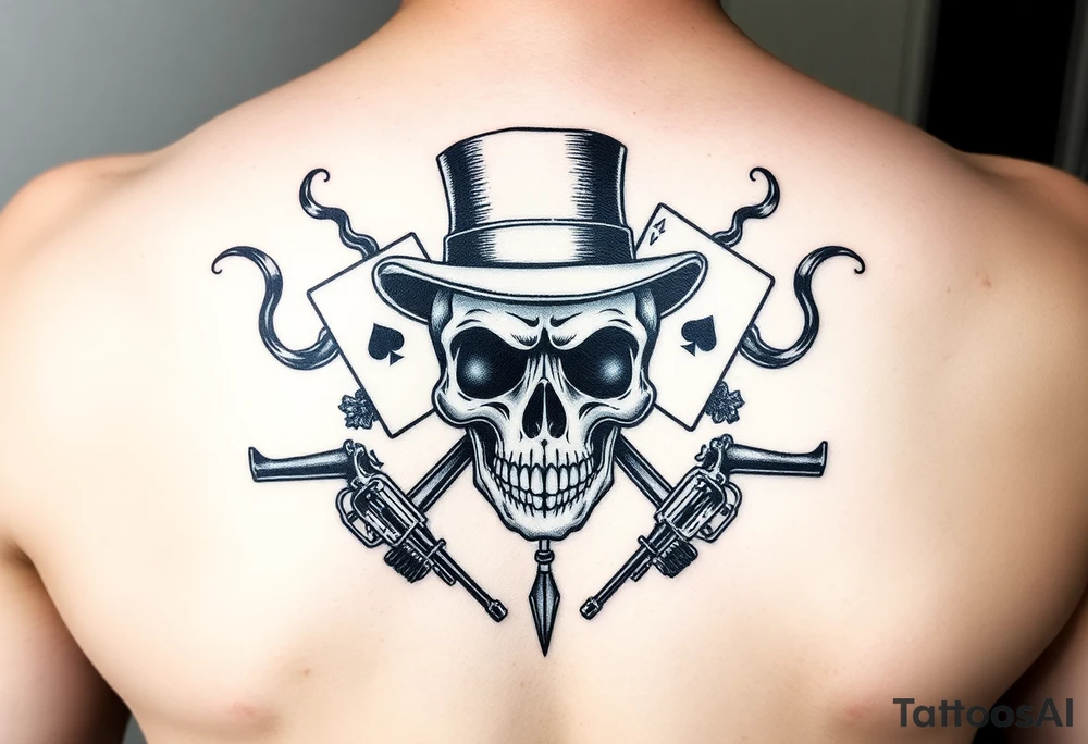 voodoo skull, top hat, ace cards, six guns, smoke trails tattoo idea