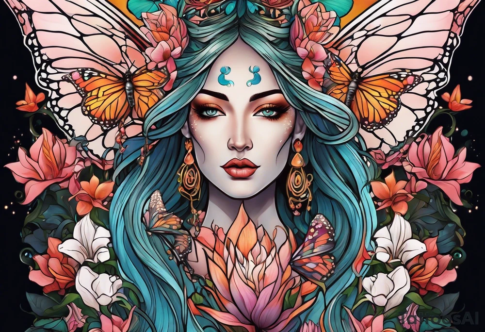 Forward-facing, portrait full length of creation goddess standing upright.  Butterflies. Lillies at feet. Arms raised and hands cupped towards sky. tattoo idea