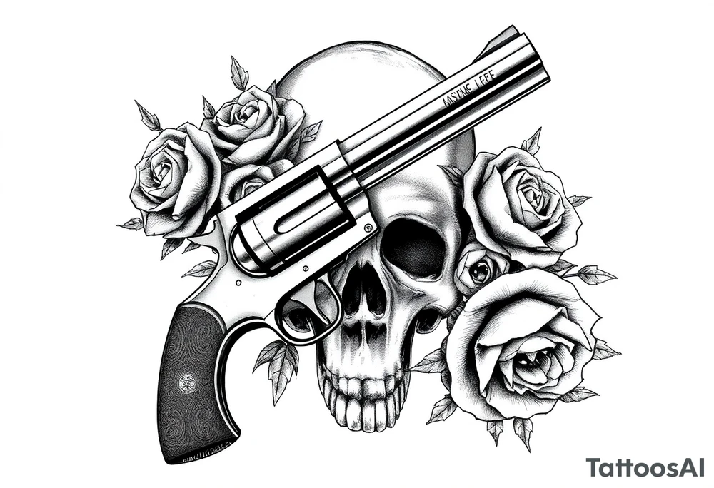 A vintage revolver intertwined with thorny roses, beneath a skull's shadow. tattoo idea