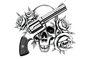 A vintage revolver intertwined with thorny roses, beneath a skull's shadow. tattoo idea