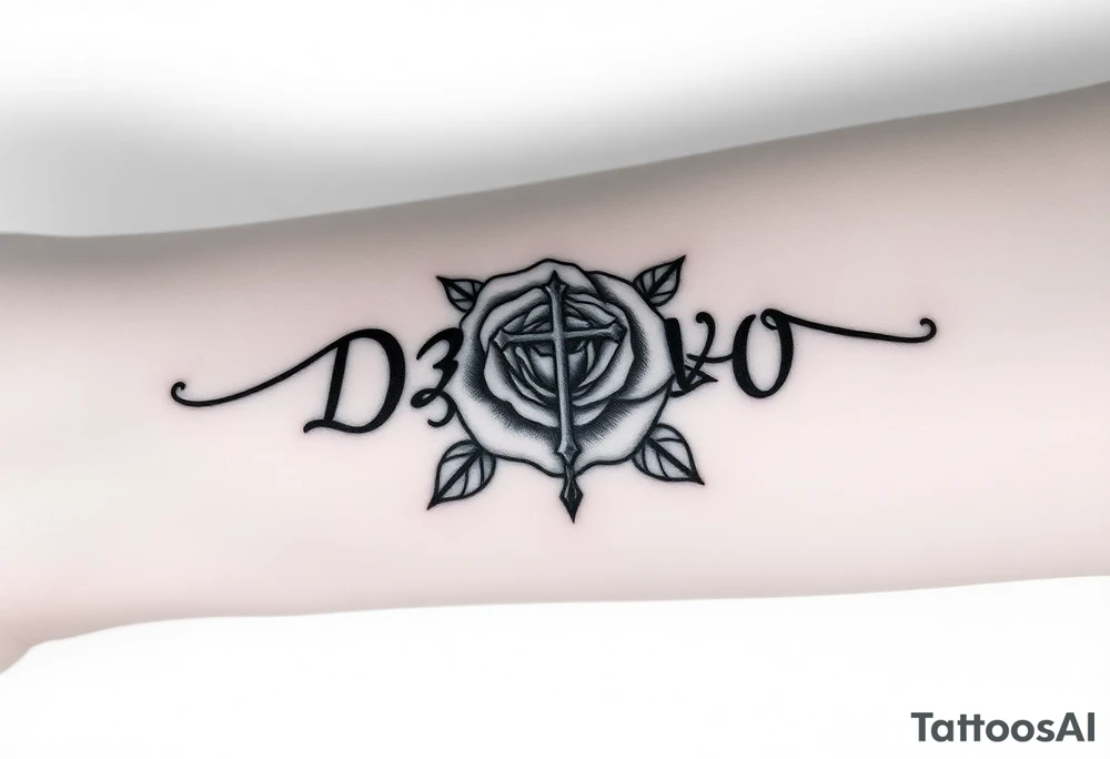 Name D3von with a rose and cross in the middle tattoo idea