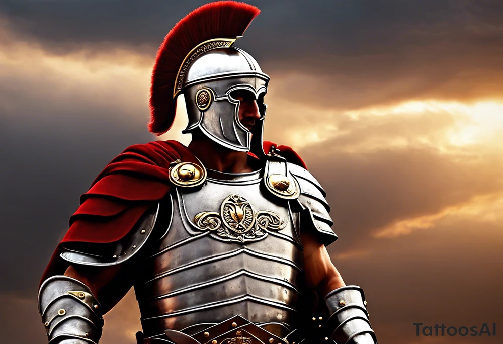 a high ranking roman centurion, soldier, AD 60, wearing armour which must include an armoured belt, breastplate, armoured shoes, shield, helmet and sword. the soldier is strong, tall, large, fit, muscular. the soldier is faceless. We can see the full body of the centurion, from his shoes to his helmet. The soldier is mid-battle, fending off flaming arrows with his shield, advancing towards the enemy, attacking the enemy. attacking pose. The image should be extremely detailed. Need to see the full soldier. tattoo idea