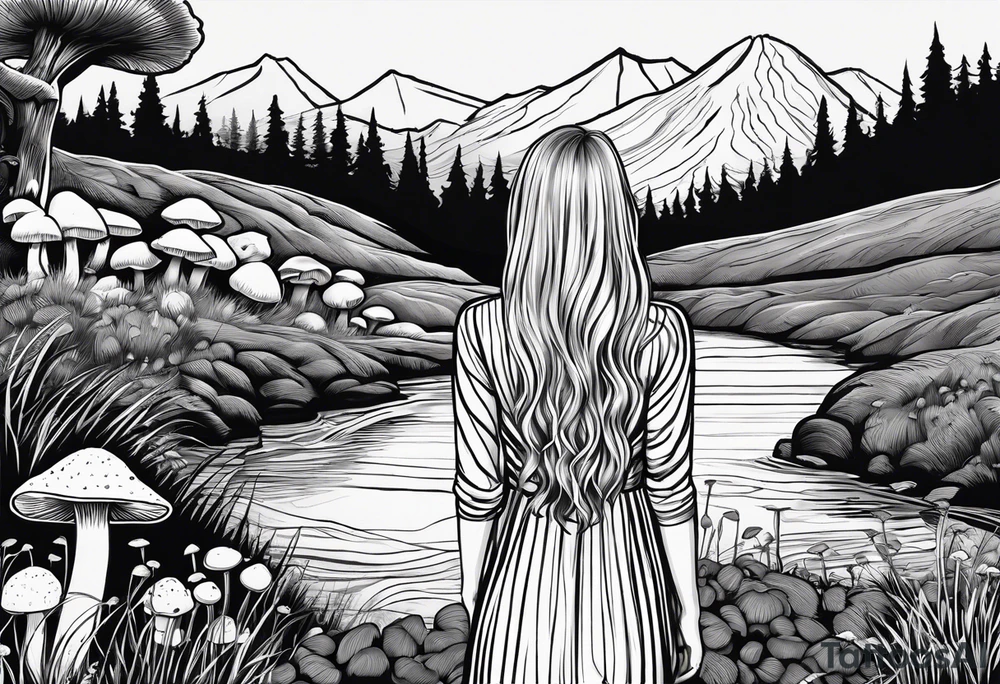 Straight long blonde hair girl standing in right corner in distance holding mushrooms in hand facing away toward mountains and creek surrounded by mushrooms black and white striped dress tattoo idea