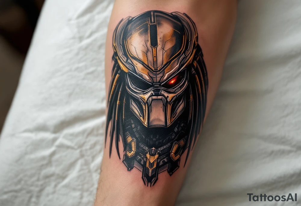 Fugitive Predator – A rogue Yautja from The Predator (2018), featuring bronze skin, modernized armor with gold accents, and a sleek bio-mask with an integrated AI targeting system. It seeks to warn humanity of a greater threat. tattoo idea