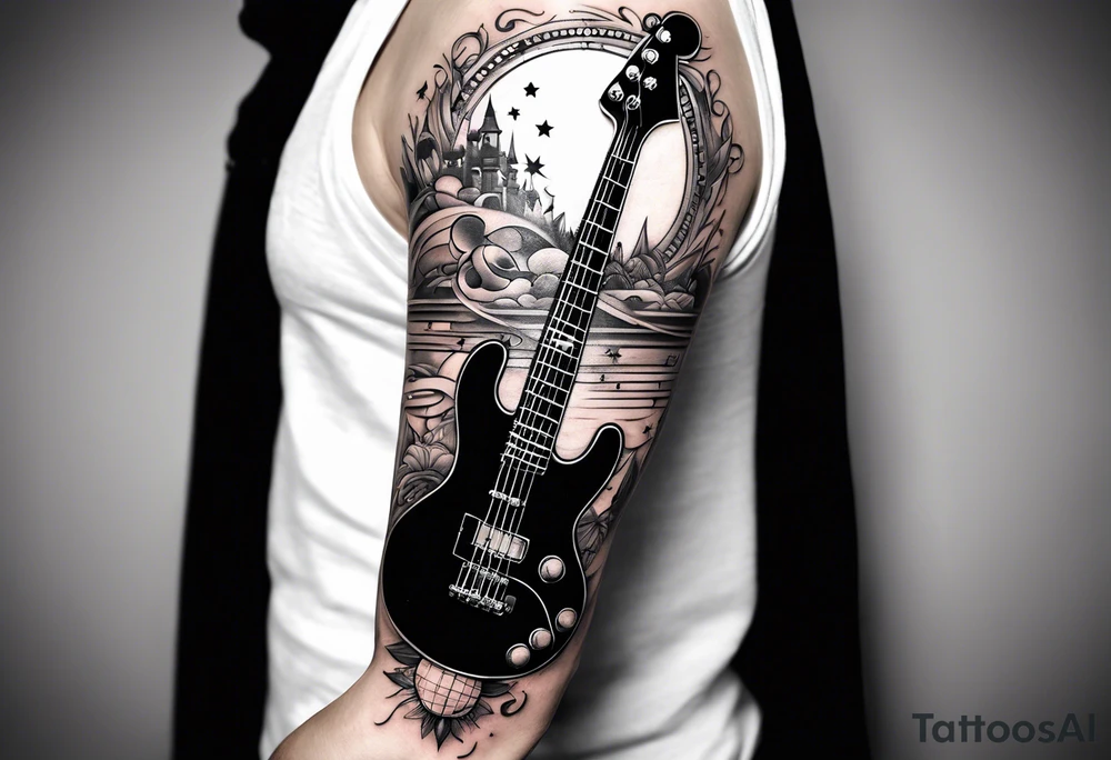 Tattoo full left arm with a collage of a bass guitar, mickey mouse silhouette, caduceus symbol, two stars and the sun with a moon tattoo idea