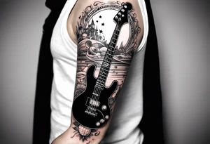 Tattoo full left arm with a collage of a bass guitar, mickey mouse silhouette, caduceus symbol, two stars and the sun with a moon tattoo idea
