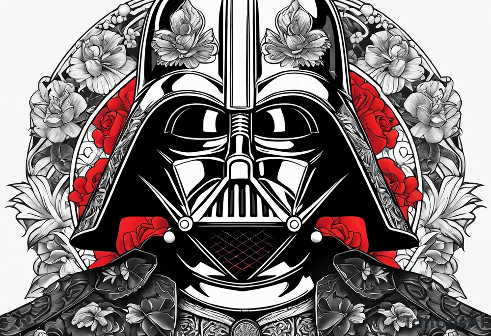 la cara de Darth vader de frente con casco samurai rojo tattoo idea