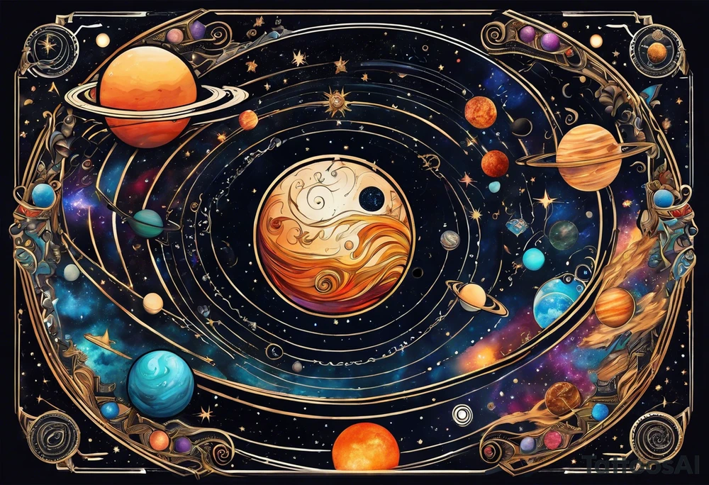 A tattoo featuring a cosmic scene with planets, black holes, and supernovae intertwined with intricate linguistic symbols, reflecting the client's interests in cosmology and linguistics. tattoo idea