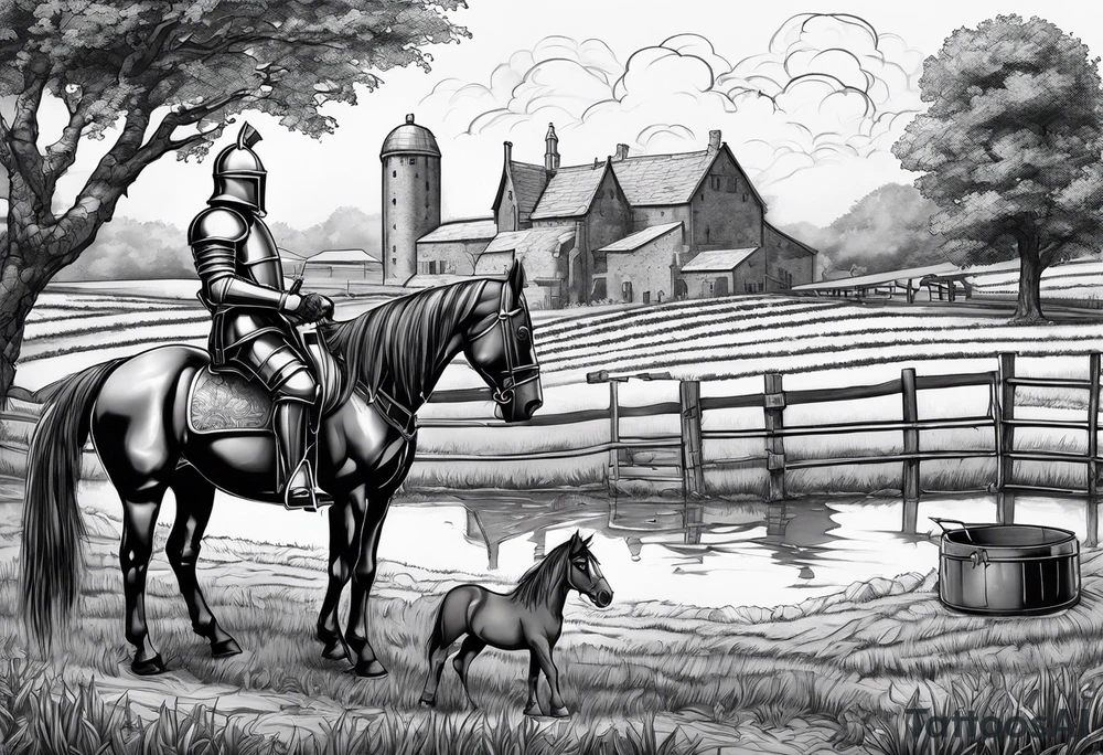 a knight kneeling with an old farm in the background and horses in the netherlands and a swimmingpool and an airfryer tattoo idea