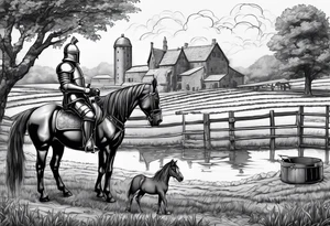 a knight kneeling with an old farm in the background and horses in the netherlands and a swimmingpool and an airfryer tattoo idea