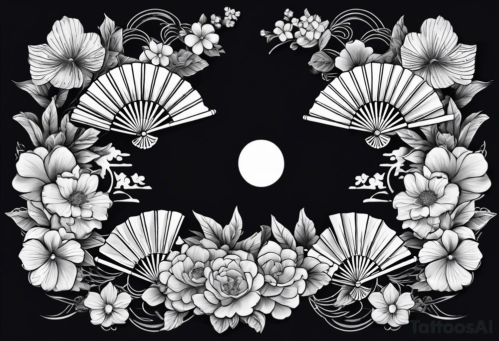 All Black Japanese fan with flowers behind it tattoo idea