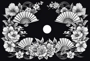 All Black Japanese fan with flowers behind it tattoo idea